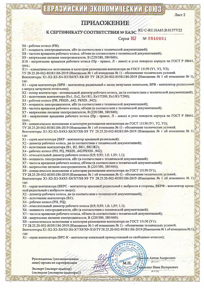 Сертификат соответствия о работе во взрывоопасных средах на взрывозащищенные вентиляторы (ТР ТС 012/2011)
